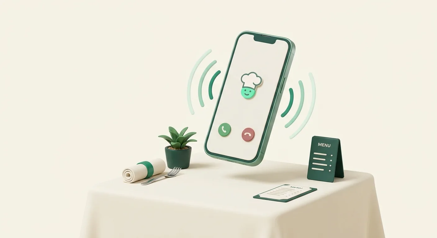 Illustration d'un smartphone qui reçoit un appel au-dessus d'une table de restaurant, symbolisant l'agent vocal IA de Yumcall.