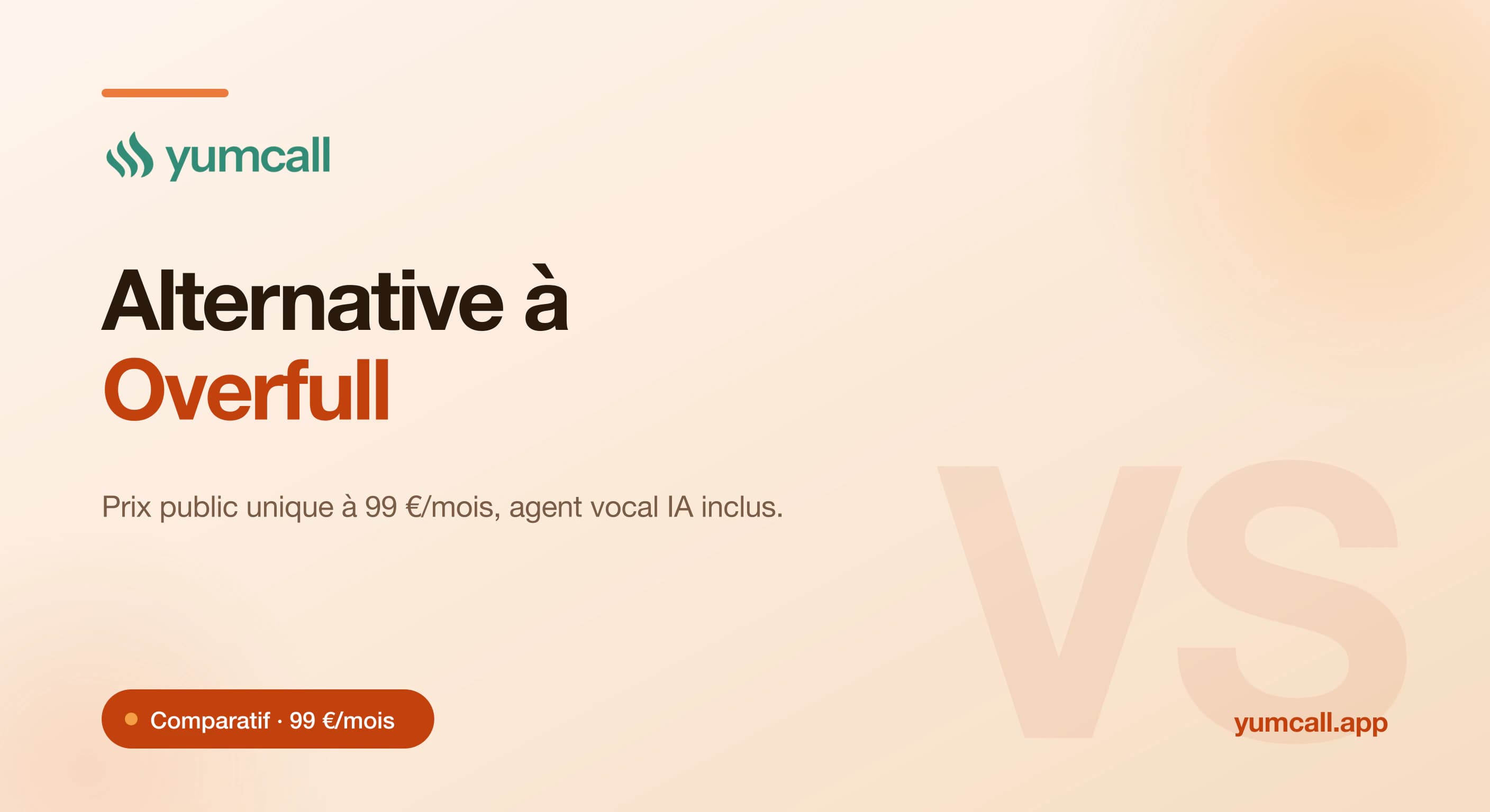 Comparatif Yumcall vs Overfull en 2026 : Yumcall réunit tout, agent vocal IA compris, dans un seul tarif public à 99 €/mois, face aux formules sur devis de la suite Overfull.