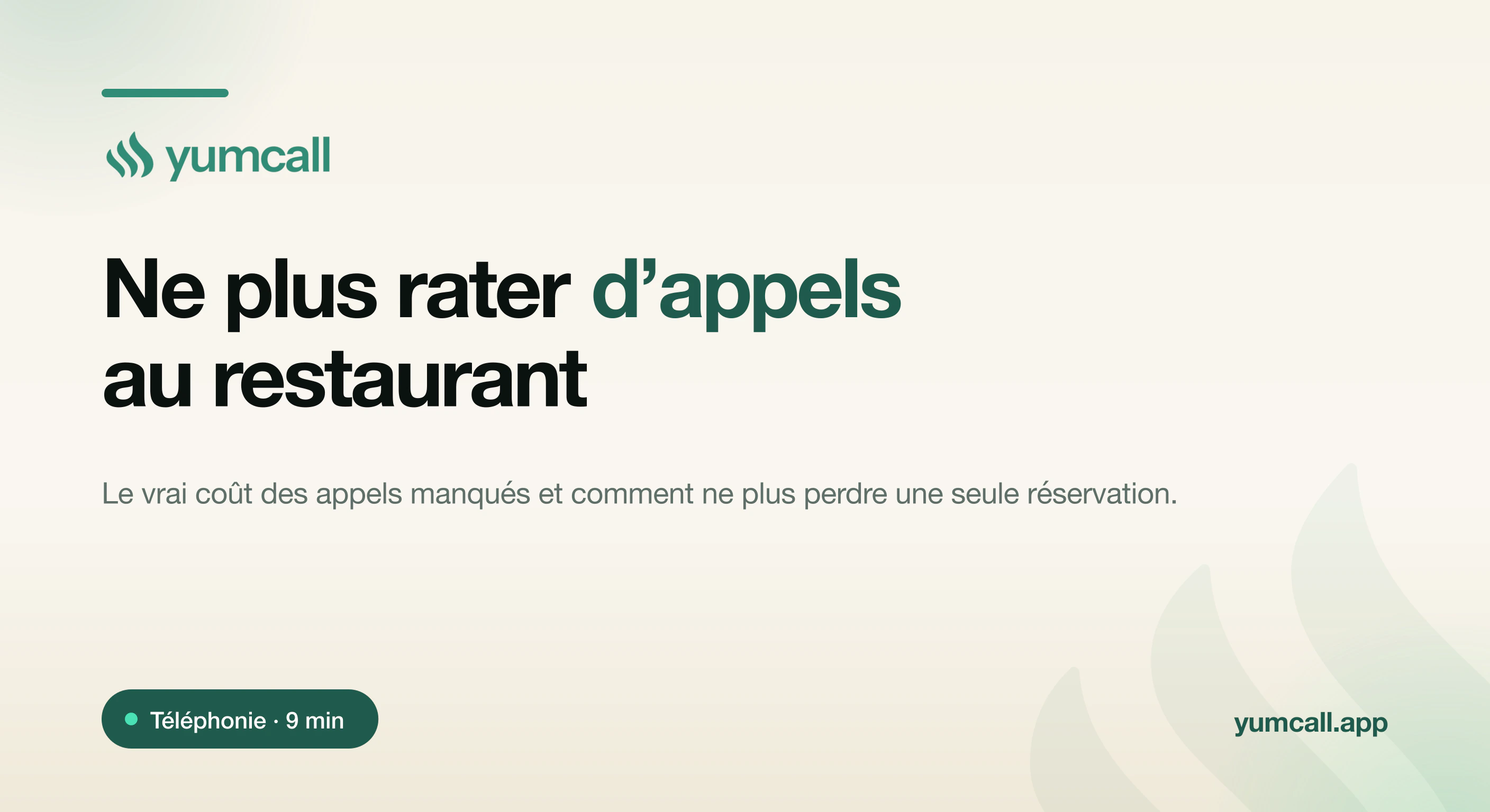 Ne plus rater d’appels au restaurant avec Yumcall : l’agent vocal IA décroche chaque appel en plein coup de feu, prend la réservation et libère l’équipe, illustration 3D d’un téléphone qui sonne et d’une table de restaurant sur fond crème.