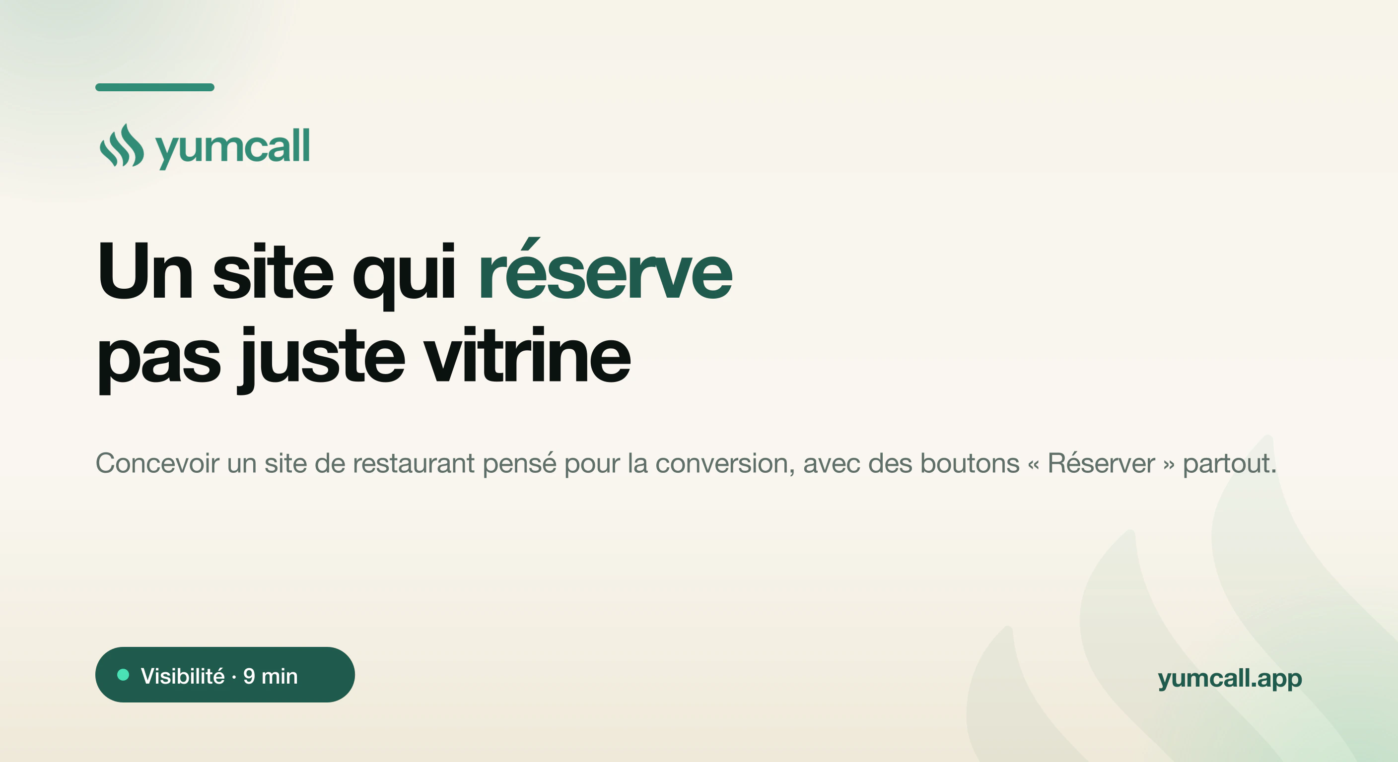 Créer un site internet de restaurant qui génère des réservations avec Yumcall : boutons « Réserver » omniprésents, bouton fixe sur mobile, menu clair et parcours sans friction pour convertir les visiteurs en clients directs, illustration de bannière de marque sur fond crème.