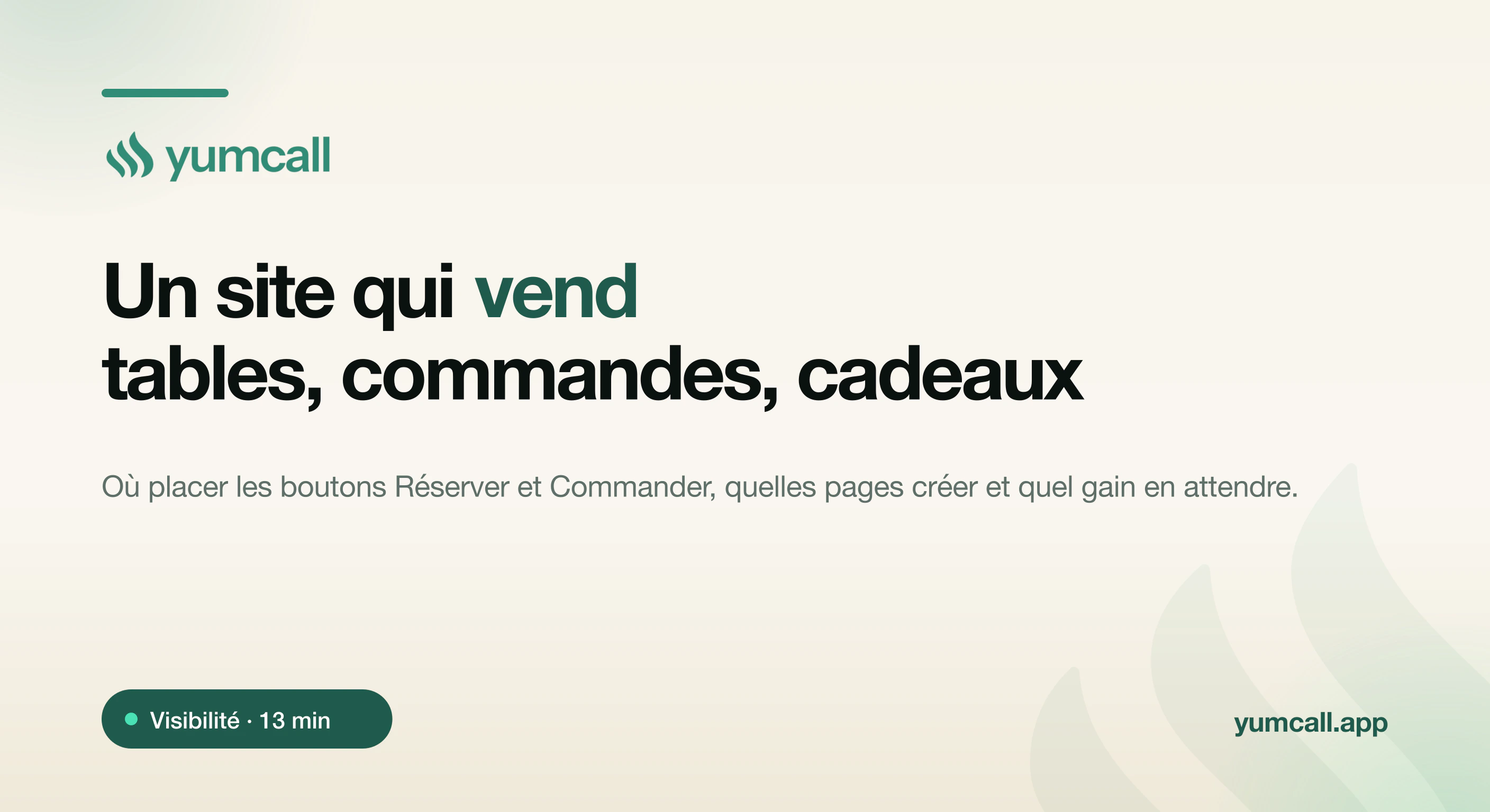 Site internet de restaurant qui vend des réservations, des commandes à emporter et des cartes cadeaux, créé avec Yumcall : boutons Réserver et Commander bien placés, bannière typographique Yumcall sur fond crème.