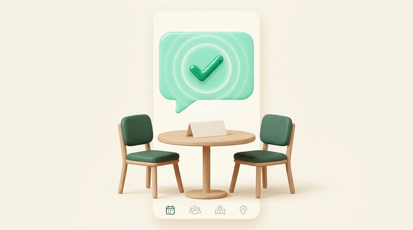 Illustration d'une table réservée et d'un SMS de confirmation avec une coche, pour réduire les no-shows au restaurant.