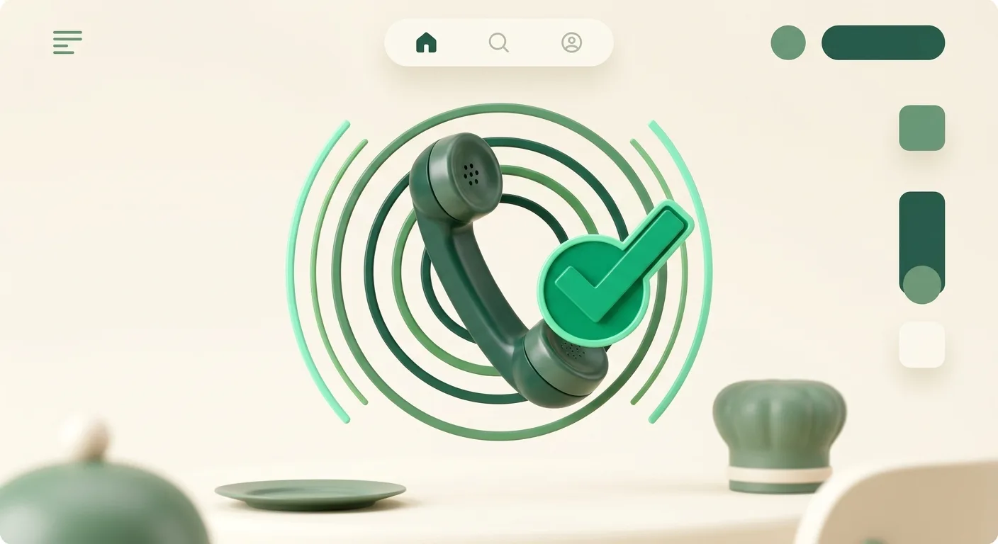 Illustration d'un combiné téléphonique entouré d'ondes avec une coche verte, pour répondre à 100 % des appels au restaurant.