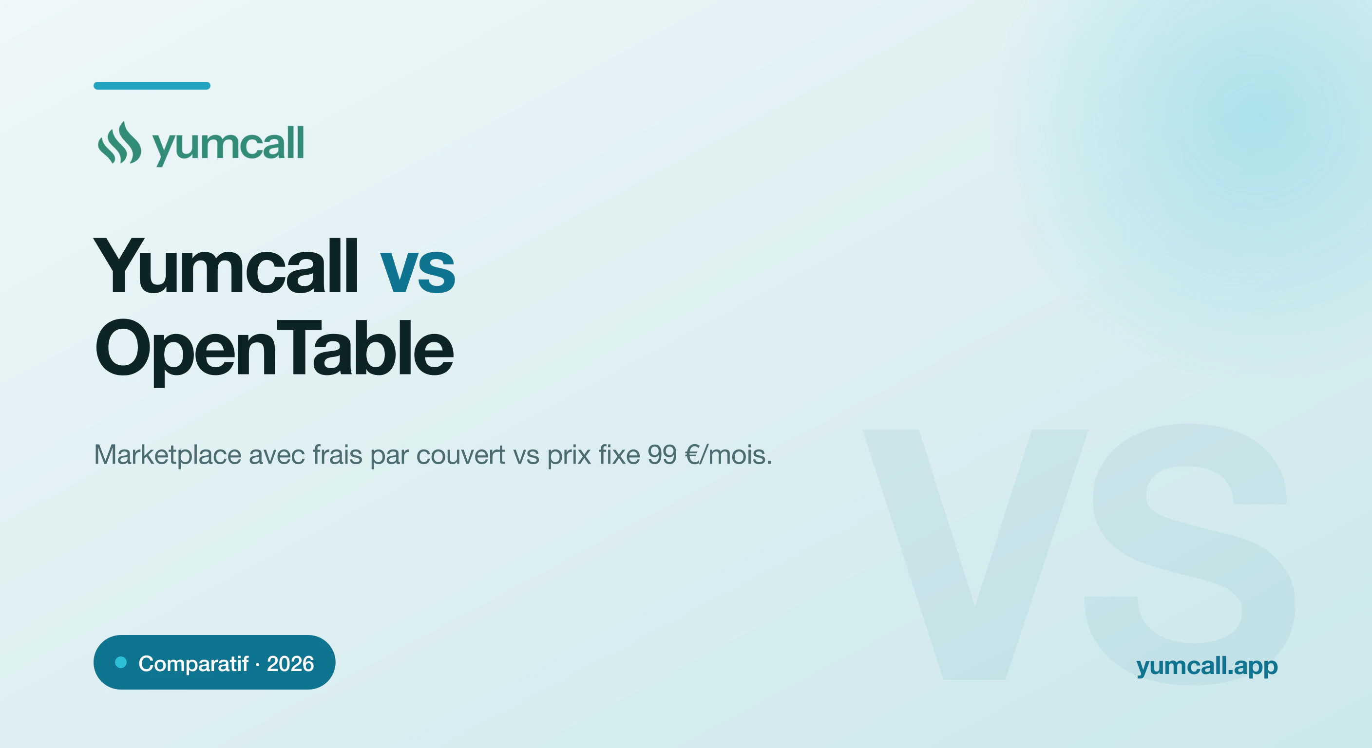Comparatif Yumcall vs OpenTable en 2026 : Yumcall à 99 €/mois fixe et agent vocal IA inclus, face à la marketplace OpenTable avec frais par couvert du réseau.